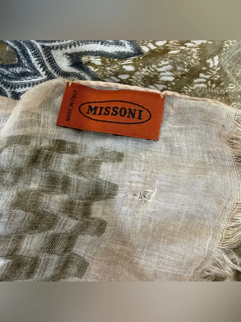 Vintage and rare Missoni Peach & Olive Lightweight Patterned Scarf Shawl